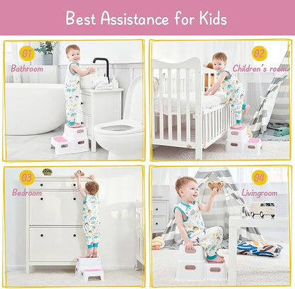 Pink Toddler Step Stool for Toilet, Two Step Stool for Kids Bathroom with Handle for Potty Training, Non-Slip Girls Small Heavy Duty Plastic Stool for Sink Bed Kitchen Counter (White-Pink)