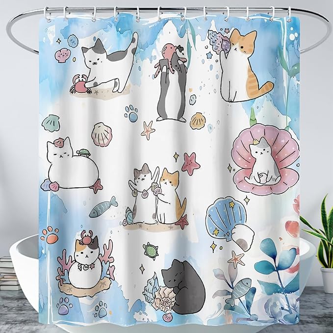 AILONEN Watercolor Cat Shower Curtain for Bathroom, Cute Cat Princess Shell Waterproof Bath Curtain,Cat Lover Minimalist White Curtain with 12 Plastic Hooks(48" W*72" H)