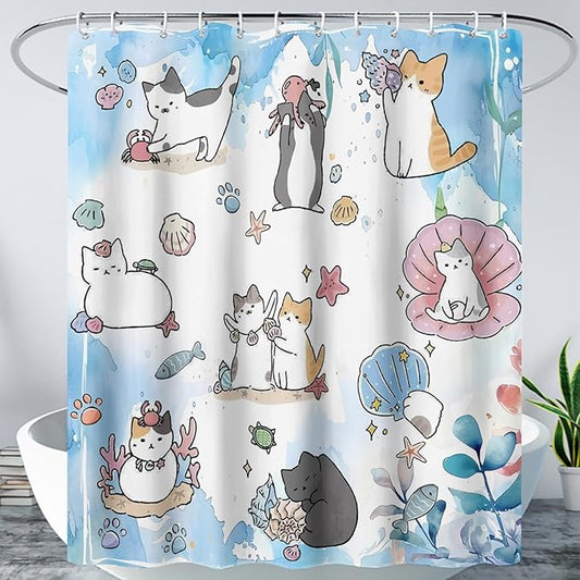 AILONEN Watercolor Cat Shower Curtain for Bathroom, Cute Cat Princess Shell Waterproof Bath Curtain,Cat Lover Minimalist White Curtain with 12 Plastic Hooks(72" W*72" H)