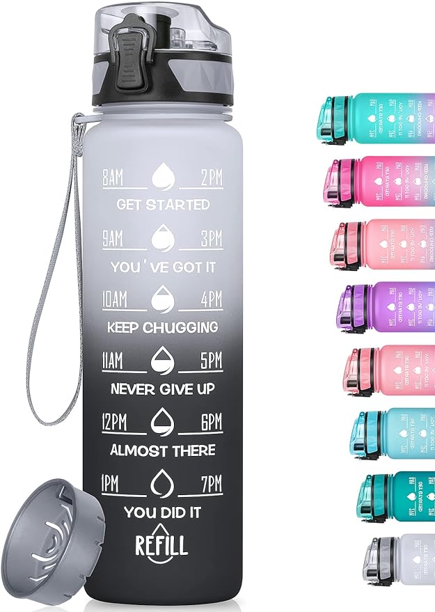 32oz/26oz Motivational Water Bottle with Time Marker & Fruit Strainer, Leak-proof BPA Free Non-Toxic 1l Bottle with Carrying Strap, Perfect for Fitness, Gym and Outdoor Sports, Plastic