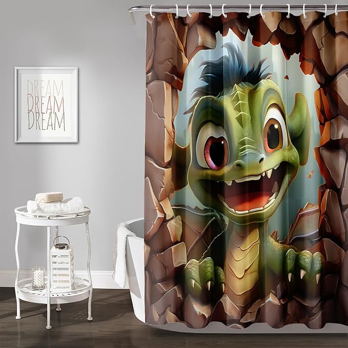 AILONEN Cartoon Dinosaur Shower Curtain for Kids,Funny Green Dinosaur Shower Curtain for Bathroom,Girls,Cute Animal Shower Curtain Set with Hooks,48" W*72" H