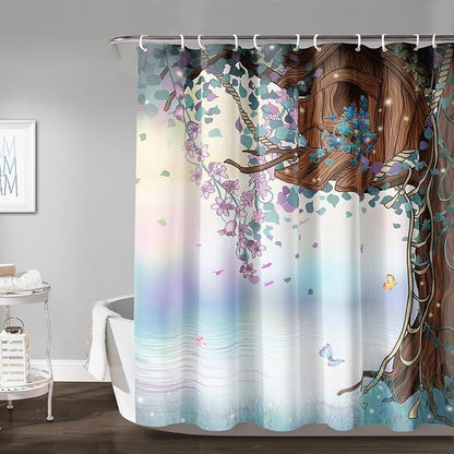 AILONEN Blue Tree Leaves Shower Curtain,Botanical Floral Plants Vine Shower Curtain,Butterfly Floral Shower Curtain for Bathroom Decor Polyester Waterproof with Grommets and Hooks 48" W*72" H