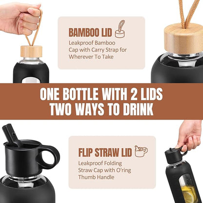 32oz Glass Water Bottle With 2 Lids-Flip Straw Lid, Bamboo Lid, Glass Water Bottle With Silicone Sleeve, Motivational Time Marker, Glass Juice Bottle for Cold Drink,Black