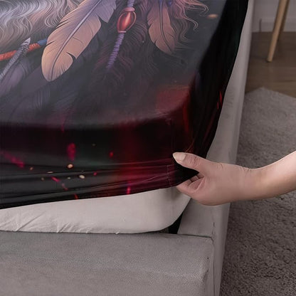 AILONEN Wolf Dream Catcher Fitted Sheet Set Twin Size, Wildlife Wolf Bed Sheet Set,Safari Animal Moon Wolf Fitted Sheet and 2 Pillowcases,3 Pieces(Boys/Men/Kids/Teens)