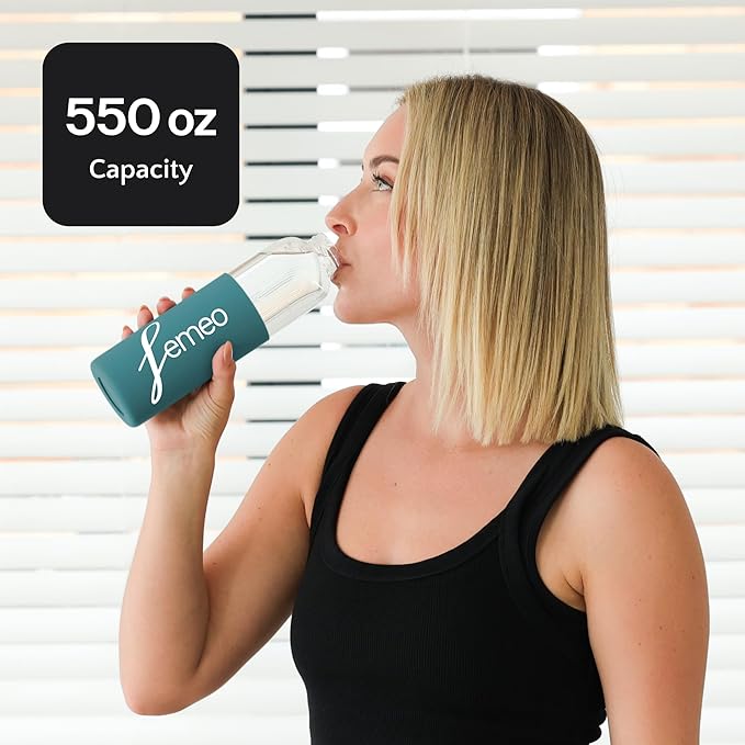 Femeo® Glass Water Bottle for Women | Eco, Yoga & Gym Friendly, 18oz | 100% Leakproof, BPA-Free, Dishwasher Safe, Borosilicate Drinking Glass Bamboo Sports Cap Teal