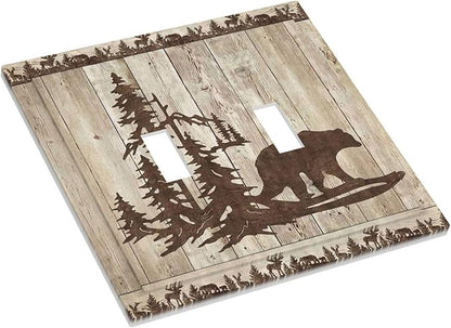 Rustic Wood Bear Forest Double Toggle Light Switch Cover Decorative Vintage Antique Cabin 2 Gang Wall Plate Electrical Faceplate Switchplate for Farmhouse Bathroom Bedroom Living Room Decor