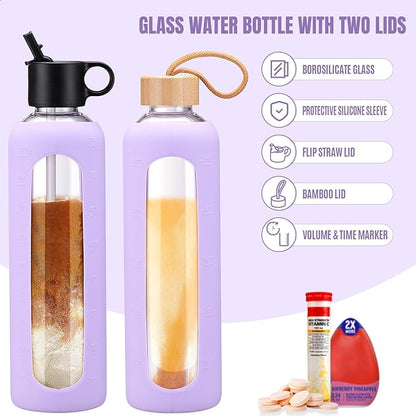 32oz Glass Water Bottle With 2 Lids-Flip Straw Lid, Bamboo Lid, Glass Water Bottle With Silicone Sleeve, Motivational Time Marker, Glass Juice Bottle for Cold Drink,Purple