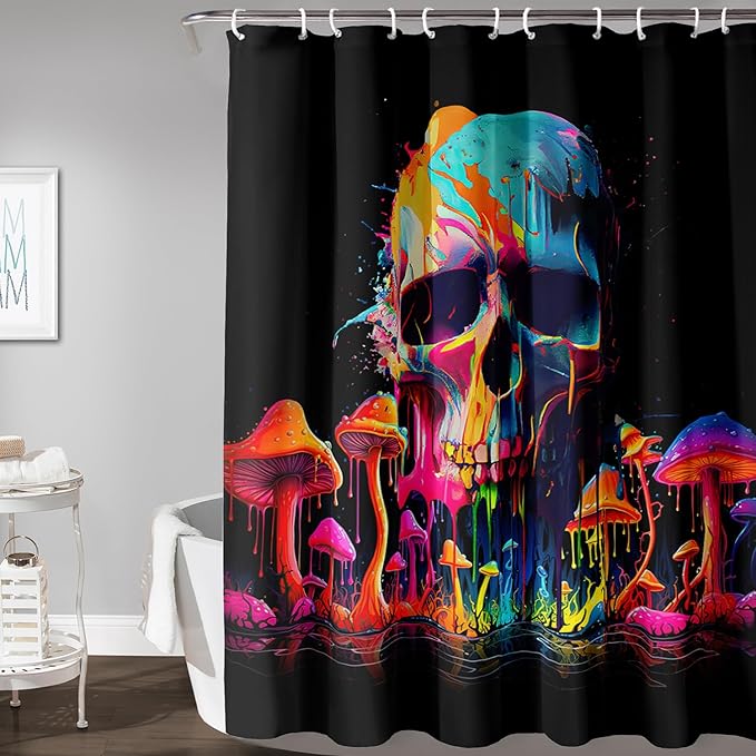 AILONEN Mushroom Skull Shower Curtain for Bathroom, 3D Oil Painting Mushroom Skull Bath Curtain for Kids Boys Girls,Modern Abstract Print Waterproof Black Curtain with 12 Plastic Hooks, 72" W*84" H