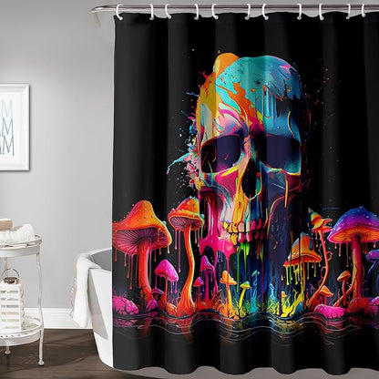 AILONEN Mushroom Skull Shower Curtain for Bathroom, 3D Oil Painting Mushroom Skull Bath Curtain for Kids Boys Girls,Modern Abstract Print Waterproof Black Curtain with 12 Plastic Hooks, 72" W*72" H