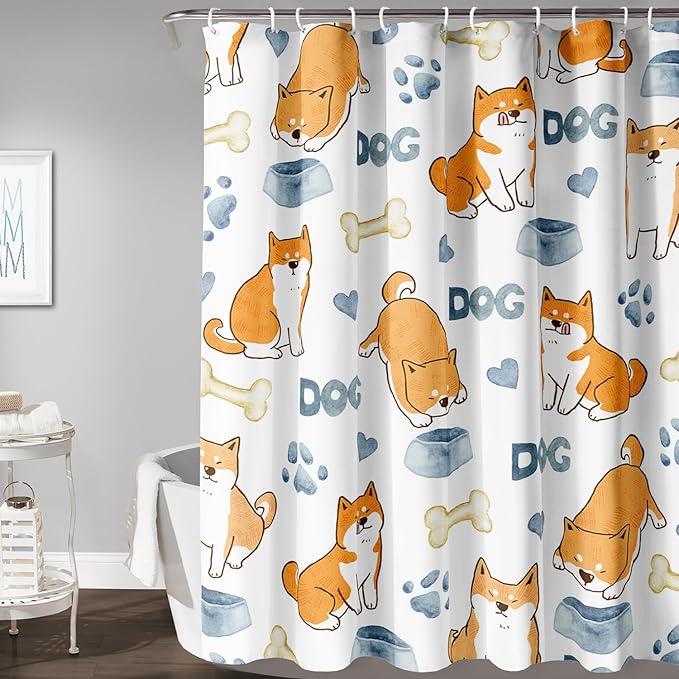 AILONEN Cute Dog Shower Curtain, Cartoon Shiba Inu Dog Bath Curtain,Pet Dog Paw Print Dog Lover Minimalist White Waterproof Curtain with 12 Plastic Hooks(72" W*72" H)