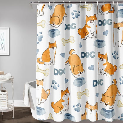 AILONEN Cute Dog Shower Curtain, Cartoon Shiba Inu Dog Bath Curtain,Pet Dog Paw Print Dog Lover Minimalist White Waterproof Curtain with 12 Plastic Hooks(72" W*96" H)