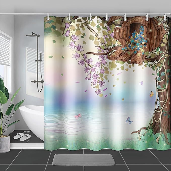 AILONEN Yellow Tree Leaves Shower Curtain,Botanical Floral Plants Vine Shower Curtain,Butterfly Floral Shower Curtain for Bathroom Decor Polyester Waterproof with Grommets and Hooks 60" W*72" H