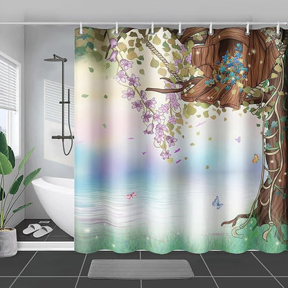 AILONEN Yellow Tree Leaves Shower Curtain,Botanical Floral Plants Vine Shower Curtain,Butterfly Floral Shower Curtain for Bathroom Decor Polyester Waterproof with Grommets and Hooks 60" W*72" H