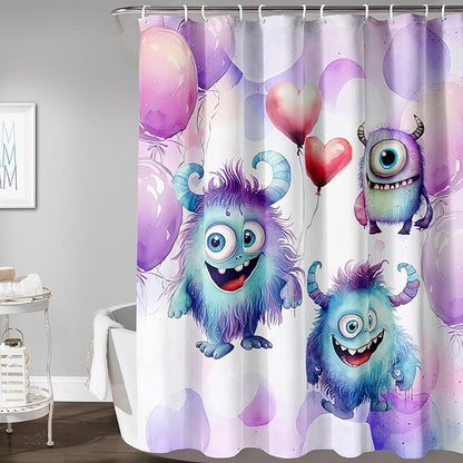 AILONEN Monster Shower Curtain for Bathroom, Cute Monster Purple Balloon Printed Bath Curtain,Women Girls Kids Minimalist Waterproof Fabric Shower Curtain Set with Hooks 36" W*72" H