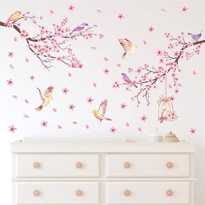 Cherry Blossom Wall Decal Peel and Stick Wall Art Decals Pink Flower Wall Decals Tree Branch Birds Wall Stickers Spring Cherry Flowers Wall Decals for Living Room Bedroom Kitchen Nursery Window Decor
