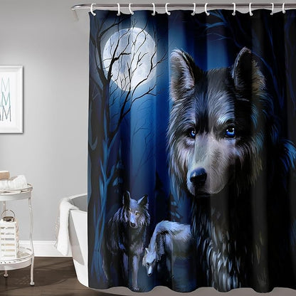 AILONEN Cool Wolf Shower Curtain,Evening Moon Wolf Bath Curtain for Bathroom Decor,Polyester Waterproof for Shower,72" W*84" H with 12 Plastic Hooks