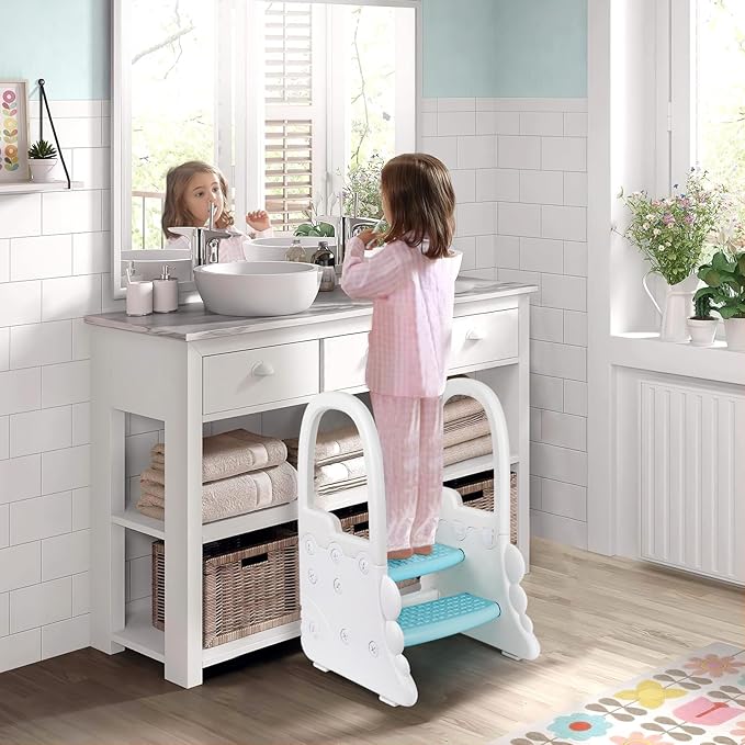 2024 New Step Stool for Kids, Plastic Toddler Nursery 2 Step Stools for Bathroom Sink, Toilet Potty Training, Toddler Stepping Stool Kitchen Helper with Handrails