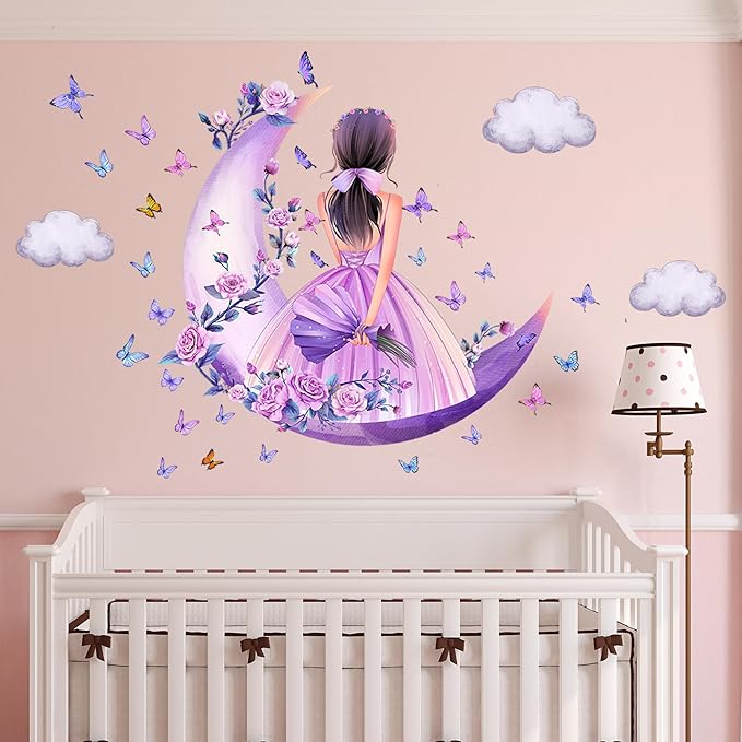 2 Sheets Princess Wall Decals Girls Room Purple Rose Floral Wall Stickers Removable Fariy Wall Decals Peel and Stick Butterfly Room Decor for Girls Bedroom Office Kids Nursery with Moon & Clouds
