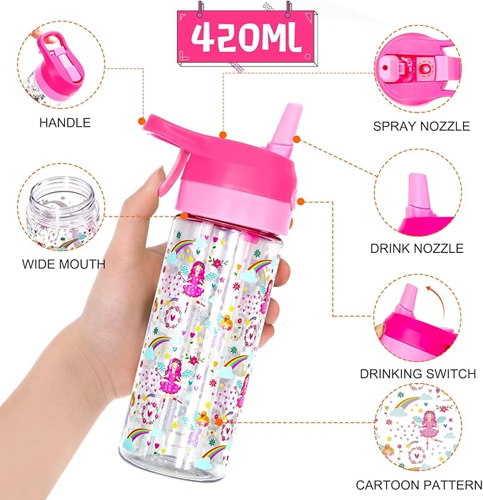 Kids Water Bottle with Spray Mist, 420ml Portable Kids Spray Drinking Bottle for Boys Girls School Cool Down and Hydrate