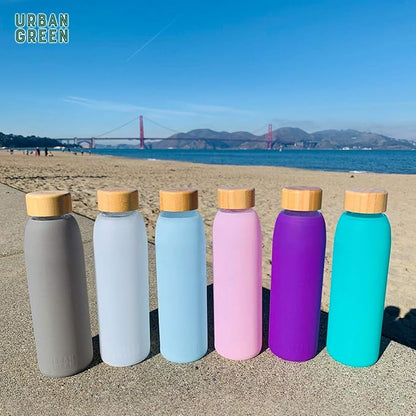 Glass Water Bottle with Protective Silicone Sleeve and Bamboo Lid Urban green, 18oz, 1extra 304 Stainless Steel Lid with Handle, BPA Free, Dishwasher Safe, Valentine Gift