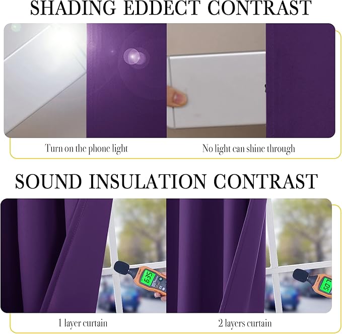 NICETOWN Kitchen Full Blackout Curtain Panels, Super Thick and Soft Insulated Window Covers, 100% Blackout Draperies with Same Color Backing for Cafe Window (Royal Purple, Set of 2 PCs, 52 by 45-inch)