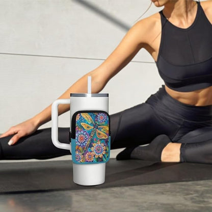 Dragonfly Boho Flower Stanley Cup Pouch with Adjustable Strap Water Bottle Storage Bag 20oz-40oz IceFlow Tumbler Pouch for Stanley Accessories