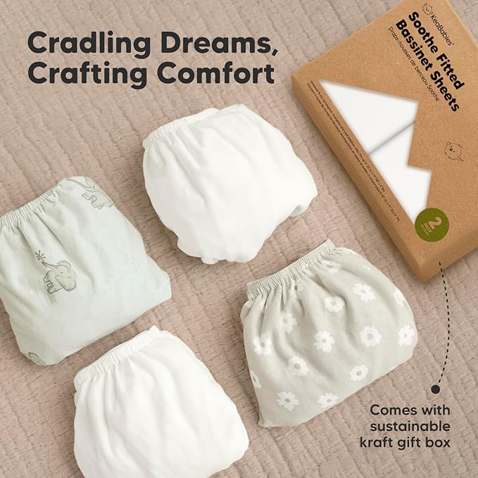 2-Pack Organic Bassinet Sheets for Girls, Boys - 100% Cotton Bassinet Mattress Sheets Compatible with Halo Bassinest Swivel Sleeper, Graco, Baby Delight, Chicco, Fitted Bassinet Sheets (Soft White)