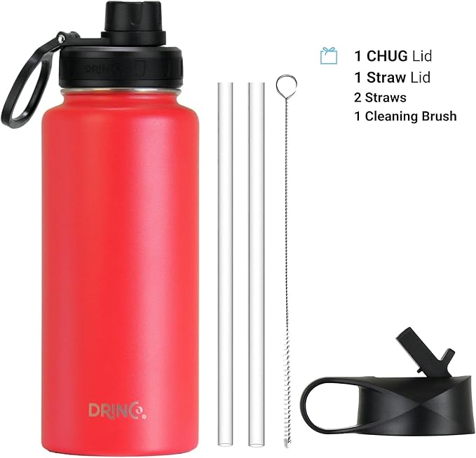 DRINCO Stainless Steel Water Bottle Spout Lid Vacuum Insulated Double Wall Water Bottle Wide Mouth Leak Proof Keep Cold Sport Camping (USA Flag) (32oz Barn Red USA Flag, 32oz)