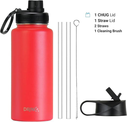 DRINCO Stainless Steel Water Bottle Spout Lid Vacuum Insulated Double Wall Water Bottle Wide Mouth Leak Proof Keep Cold Sport Camping (USA Flag) (32oz Barn Red USA Flag, 32oz)
