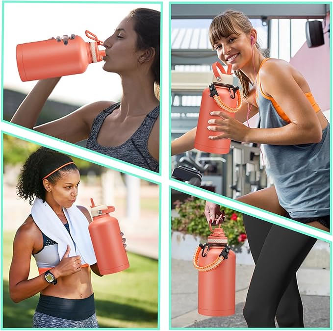 64oz Insulated Water-Bottle with Strap - Half Gallon Water Jug with Straw & Spout Lid, 2 Liter Stainless Steel Water Bottle Leak Proof, Cold-48h Hot-24h Metal Flask w/ Paracord Handle, Carrier Case