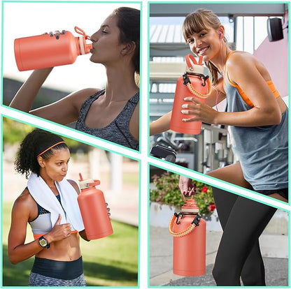 64oz Insulated Water-Bottle with Strap - Half Gallon Water Jug with Straw & Spout Lid, 2 Liter Stainless Steel Water Bottle Leak Proof, Cold-48h Hot-24h Metal Flask w/ Paracord Handle, Carrier Case