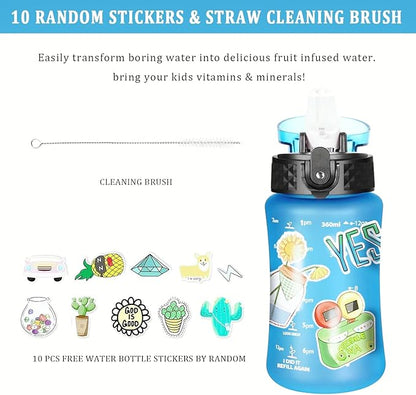 GOPPUS Kids Water Bottle with Straw Spout Lid 10pcs Stickers 12 oz Leak-proof BPA Free Motivational Time Marker Tritan Plastic Water Bottles for Girls Boys School Sports