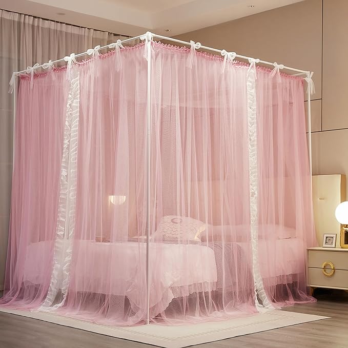 4 Corners Post Princess Curtain Bed Canopy Lace Up Double Layer 4 Opening Mosquito Net Mesh for Girls Bedroom Decoration(Pink/White, 78" W*86" L*82" H/King)