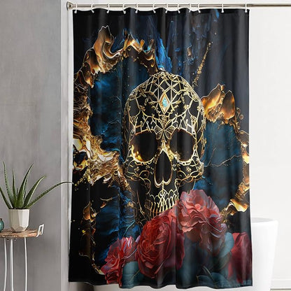 AILONEN 3D Skull Shower Curtain,Oil Ren Rose with Gold Skull Skeleton Design Shower Curtain Set with Hooks for Boys Girls Teens,Gothic Skull Waterproof Fabric Shower Curtain for Bathroom,48" W*72" H
