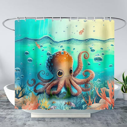AILONEN Cute Cartoon Octopus Shower Curtain,Beautiful Sea World Theme theme Bath Curtain Cloth Fabric Bathroom 36" W*72" H Inch,12 Pack Hooks for Kids Child Sea Animal Bathroom Curtain