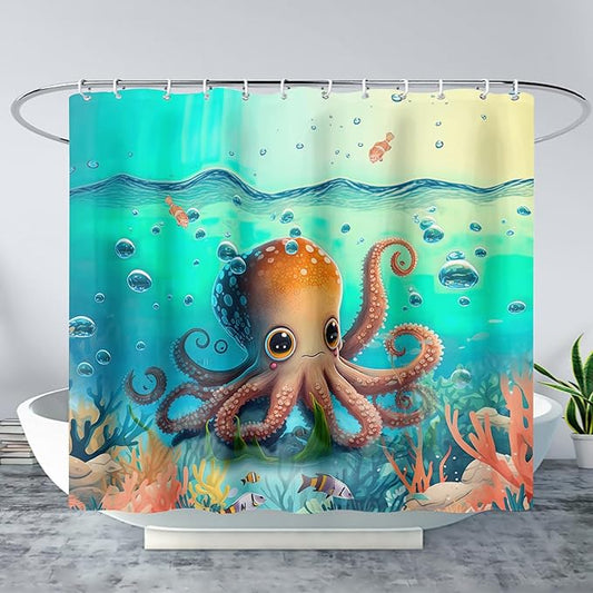 AILONEN Cute Cartoon Octopus Shower Curtain,Beautiful Sea World Theme theme Bath Curtain Cloth Fabric Bathroom 72" W*72" H Inch,12 Pack Hooks for Kids Child Sea Animal Bathroom Curtain