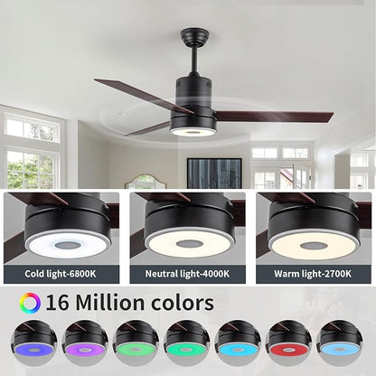 52 Inch Ceiling Fan with RGB Dimming LED Light,with Music Bluetooth Speaker,with Remote Control,3-Speed Regulation, Reversible Motor,Timing,for Living Room,Bedroom,Restaurant,Outdoor