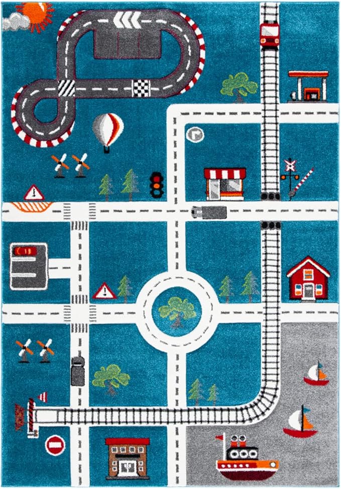 SAFAVIEH Carousel Kids Collection Area Rug - 9' x 12', Turquoise & Ivory, Non-Shedding & Easy Care, Ideal for High Traffic Areas for Boys & Girls in Playroom, Nursery, Bedroom (CRK192K)