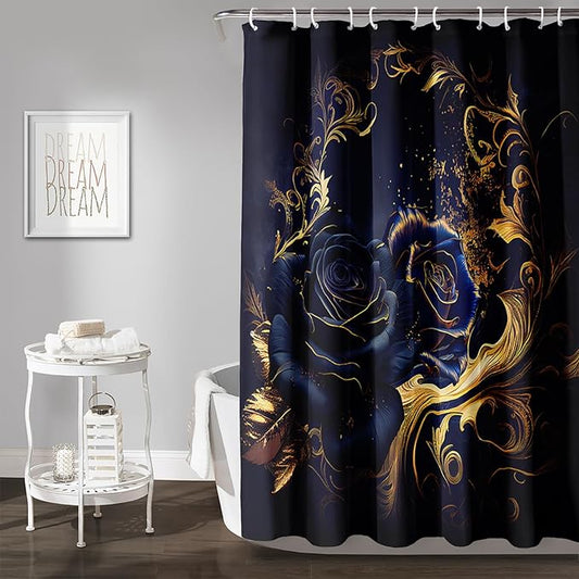 AILONEN Blue Rose Shower Curtain 72"W*72"H for Bathroom,Mystic Blue Gold Flower Glitter Rose Print Bath Curtain,Girls Women Teen Adults Bath Curtain Polyester Waterproof Shower Curtain With 12 Hooks