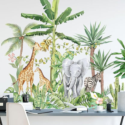 Large Jungle Animals Wall Decals Nordic Plant Wall Sticker Elephant Giraffe Zebra Wall Stickers for Baby Nursery Kids Room Playroom Wall Decor