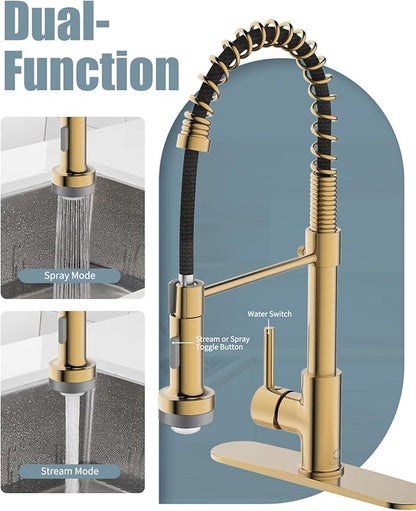 LED Kitchen Faucet, Brushed Gold Kitchen Faucet with Soap Dispenser and Deck Plate, Faucet for Camper Farmhouse RV Kitchen Sink, Single Handle Kitchen Sink Faucets with Pull Down Sprayer
