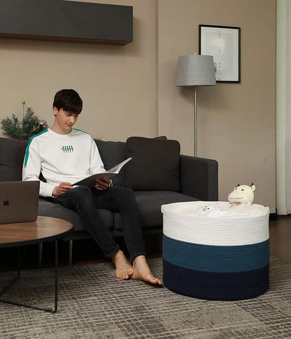 24" x 24" x 17" Max Size Large Cotton Rope Basket, Extra Large Storage Basket, Woven Laundry Hamper, Cloth Storage Bin, for Blankets Clothes Towels Pillows in Living Room, Dark Blue/Deep Blue