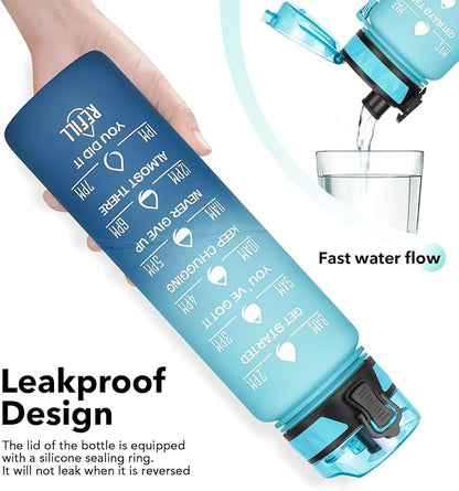 32oz/26oz Motivational Water Bottle with Time Marker & Fruit Strainer, Leak-proof BPA Free Non-Toxic 1l Bottle with Carrying Strap, Perfect for Fitness, Gym and Outdoor Sports, Plastic