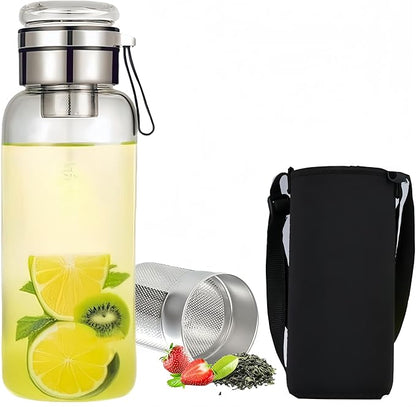 24OZ Borosilicate Glass Infuser Water Bottle,Glass Tea Tumbler with Strainer and Anti-slip Sleeve, Sport Water Bottles for Gym Hiking Camping