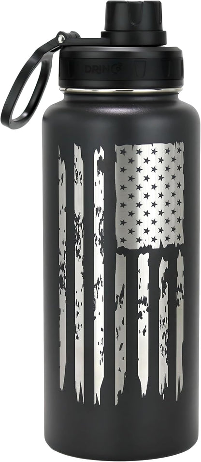 DRINCO Stainless Steel Water Bottle Spout Lid Vacuum Insulated Double Wall Water Bottle Wide Mouth Leak Proof Keep Cold Sport Camping (USA Flag) (32oz Black USA Flag, 32oz)