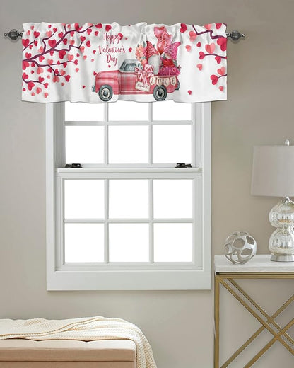 Happy Valentine's Day Valances Kitchen Curtains for Windows,Valentines Gnomes Farmhouse Trucks Rod Pocket Valances Pink Hearts Tree Decor Short Curtains for Bedroom/Living Room,54" X 18" -1 Panel