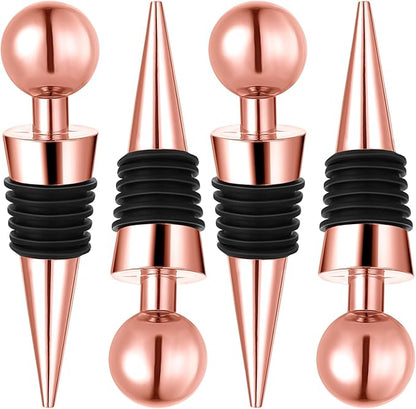 4 Pcs Rose Gold Wine Stoppers Cork Wine Bottle Stoppers for Beverage, Reusable Silicone Vacuum Wine Bottle Corks Stainless Steel Wine Stopper for Glass Bottles Party Wedding Bar