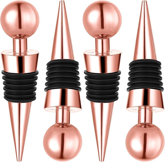 4 Pcs Rose Gold Wine Stoppers Cork Wine Bottle Stoppers for Beverage, Reusable Silicone Vacuum Wine Bottle Corks Stainless Steel Wine Stopper for Glass Bottles Party Wedding Bar