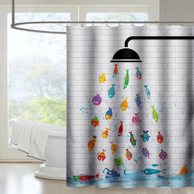 AILONEN Cute Fish Shower Curtain for Kids 72" W*96" H Inch,Raining Fish Playing Water Shower Curtains,12 Pack Hooks Polyester Waterproof Fabric Decor for Bathroom Bathtub Panels