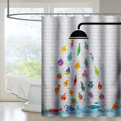 AILONEN Cute Fish Shower Curtain for Kids 72" W*72" H Inch,Raining Fish Playing Water Shower Curtains,12 Pack Hooks Polyester Waterproof Fabric Decor for Bathroom Bathtub Panels
